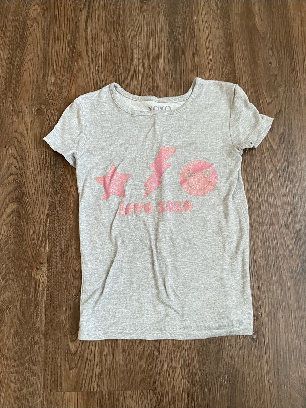 XOXO Girls' Light Gray Knit Short Sleeve Tee with Pink Graphic Size 8
